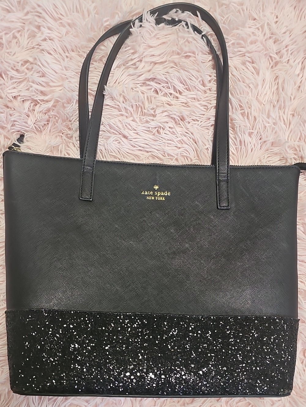 kate spade Black Leather Tote with Glitter Accent